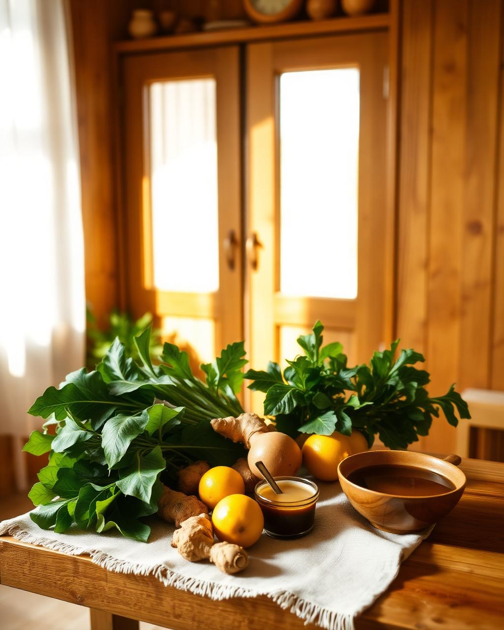 Warm sunlit kitchen with fresh greens, ginger and citrus on linen