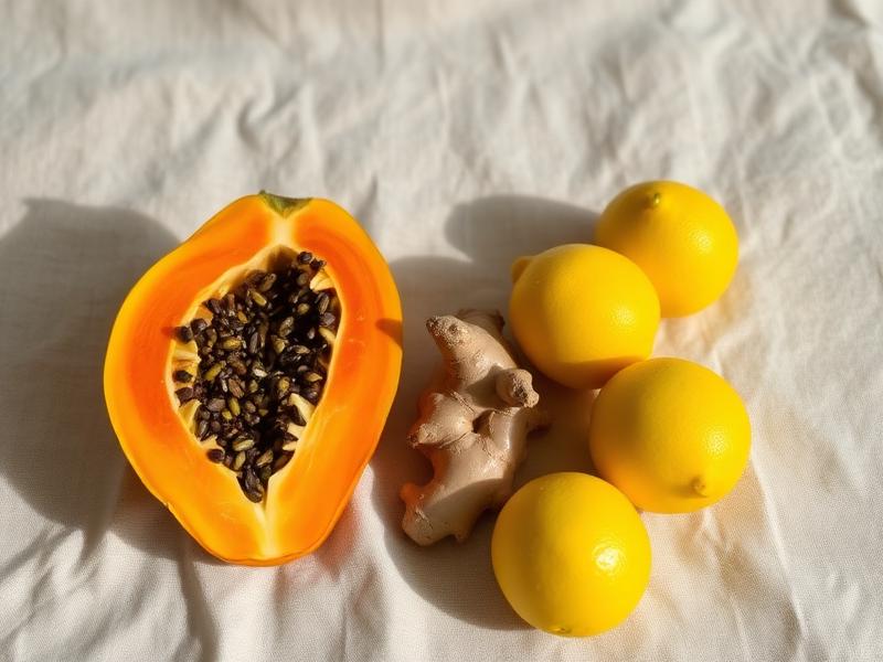 Papaya, ginger and lemons on linen